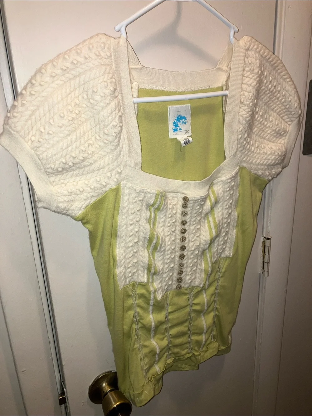 Anthropologie C. KEER Cream and Light Green Knit-Panel Puff Sleeve Top MEDIUM